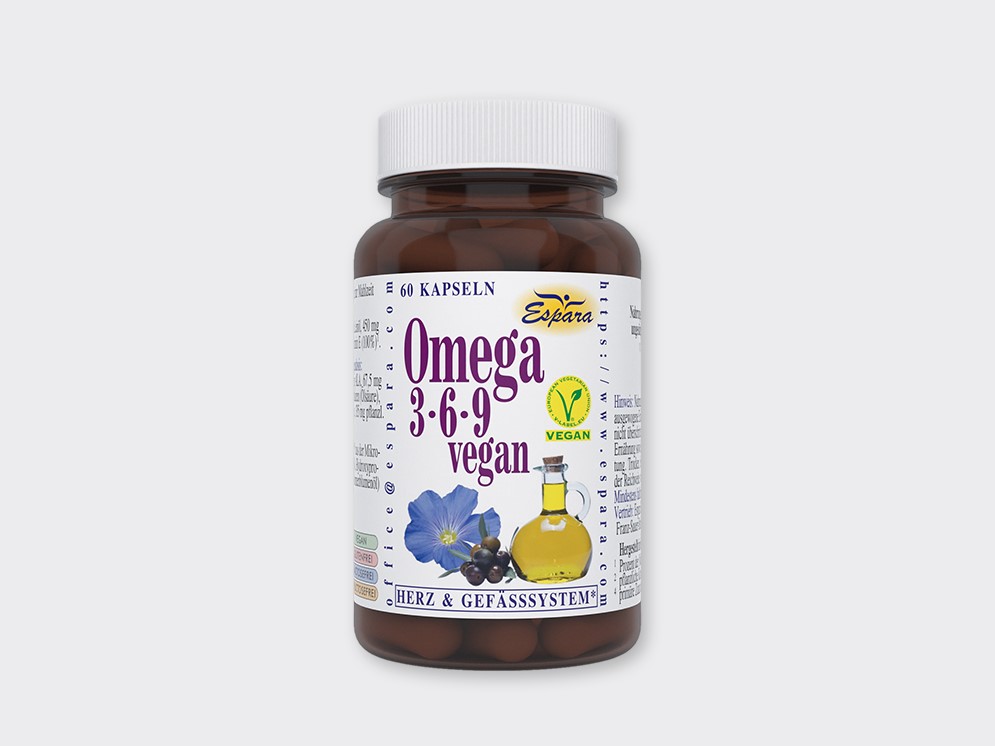 Omega-3-6-9 vegan Kapseln mit Hintergrund © Espara