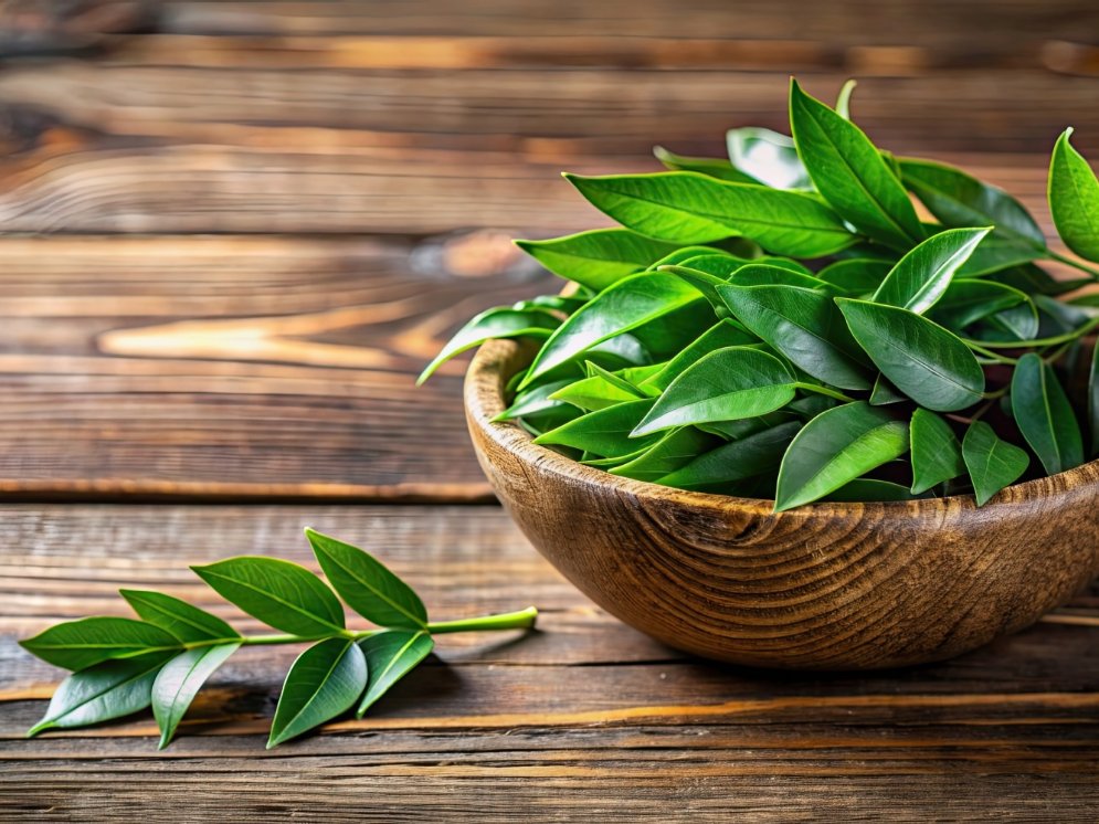Curryblätter in Holzschale © Adobe Stock