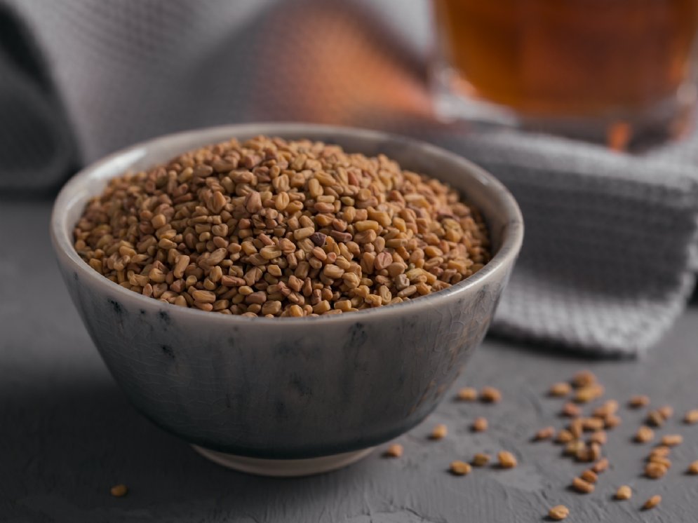 Unzählige orangebraune, nur wenige Millimeter große Bockshornkleesamen in einer grauen Keramikschale.