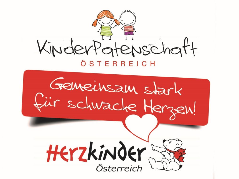 Logo des Vereins Herzkinder Österreich und die Aufschrift Kinderpatenschaft Österreich, gemeinsam stark für schwache Herzen
