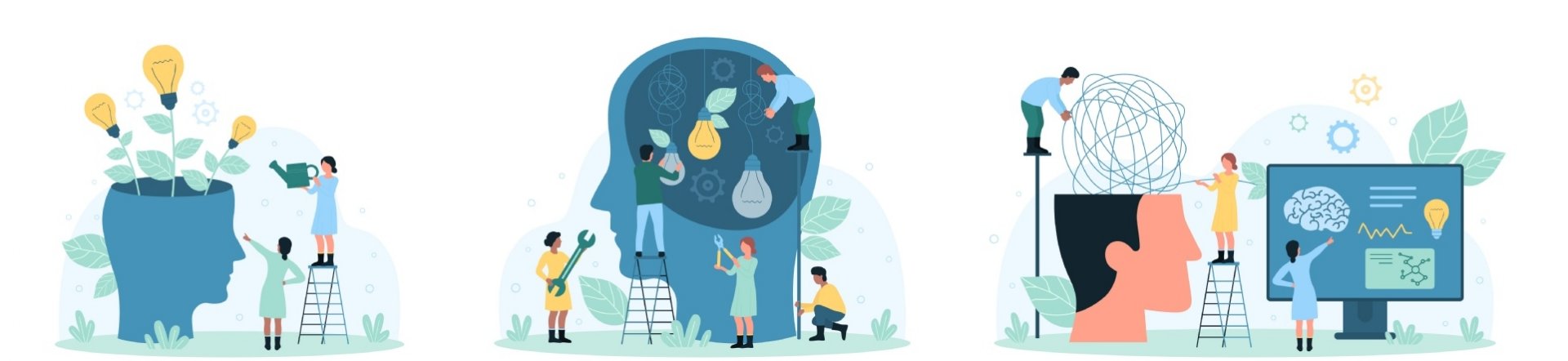 Drei stilisierte Bilder nebeneinander, die verschiedene Gehirnfunktionen darstellen. © Adobe Stock (Flash Vector)